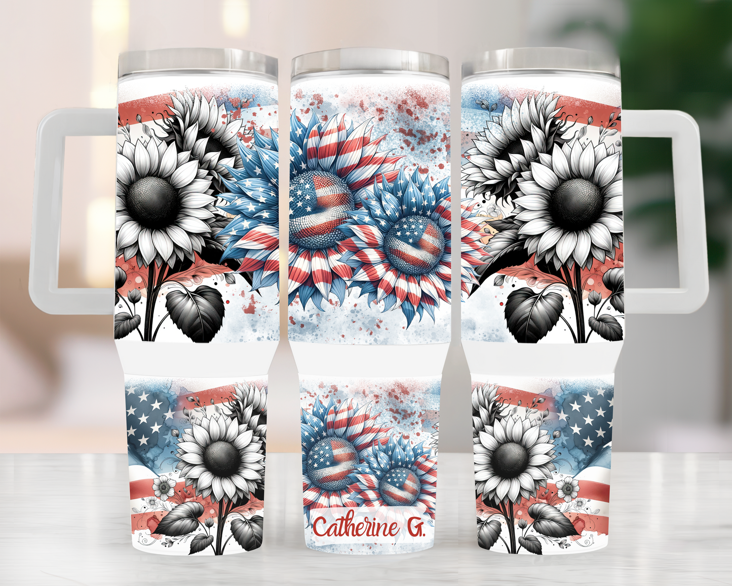 40oz Free and Blessed Girl USA Sunflowers Patriotic Tumbler